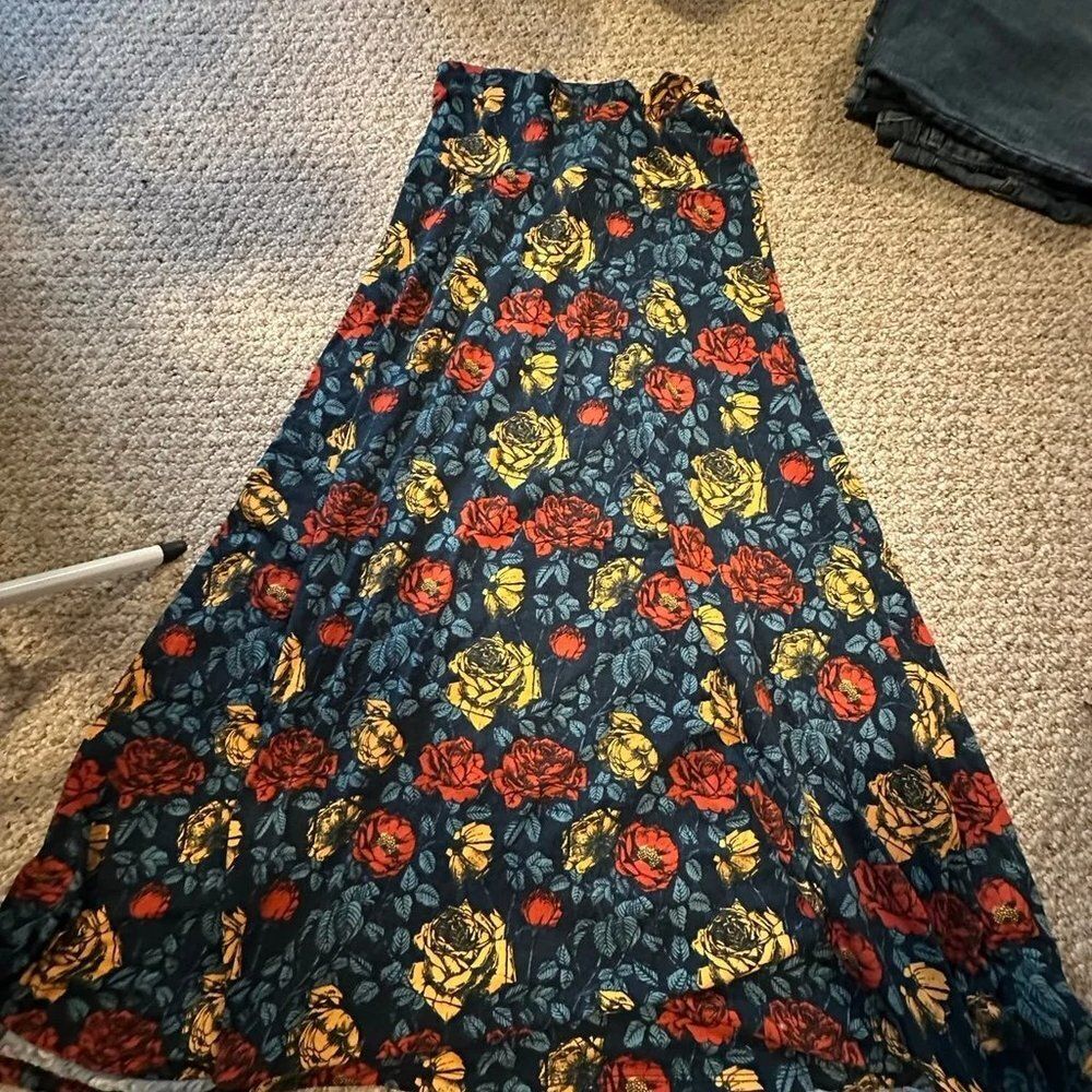 LLR Maxi Skirt Yellow Red Roses Print Fold Over - Size Medium - EUC